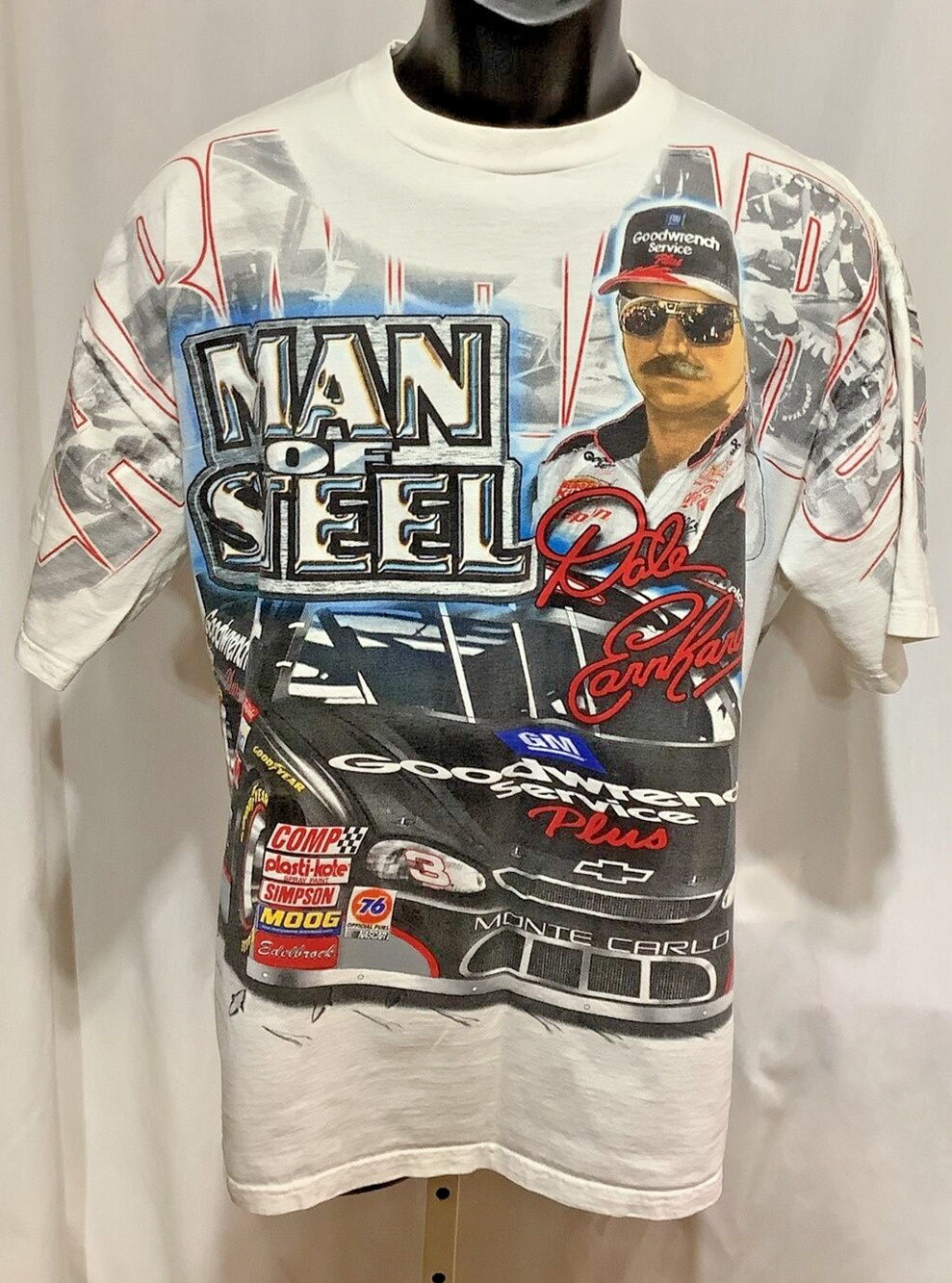 Vtg Dale Earnhardt Sr Man Of Steel AOP Graphic T Shirt White Chase Authentics L